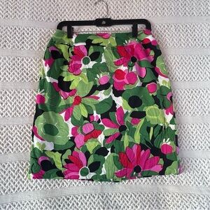 Talbots Stretch Silk Cotton Skirt Size 6 Pink Green Bold Floral Lined Vintage